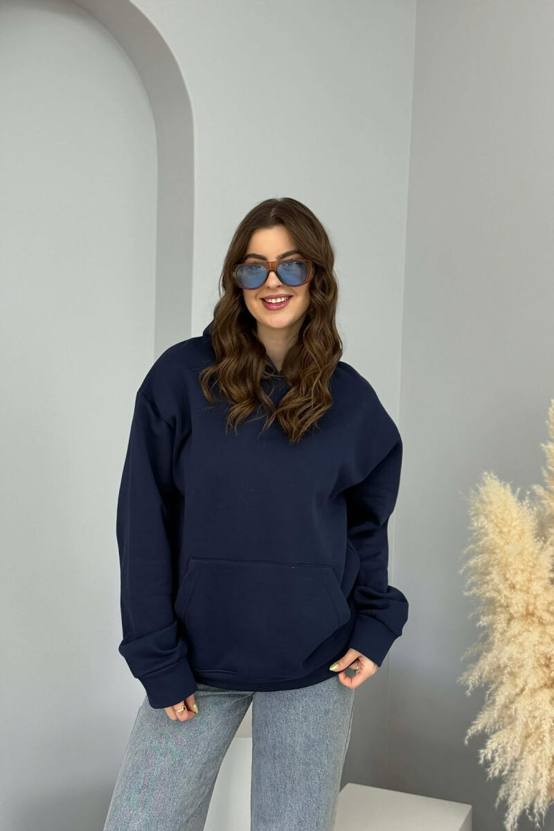 ONE COLOR FLUFFY WOMEN HOODIE DARK BLUE/BEE - 1