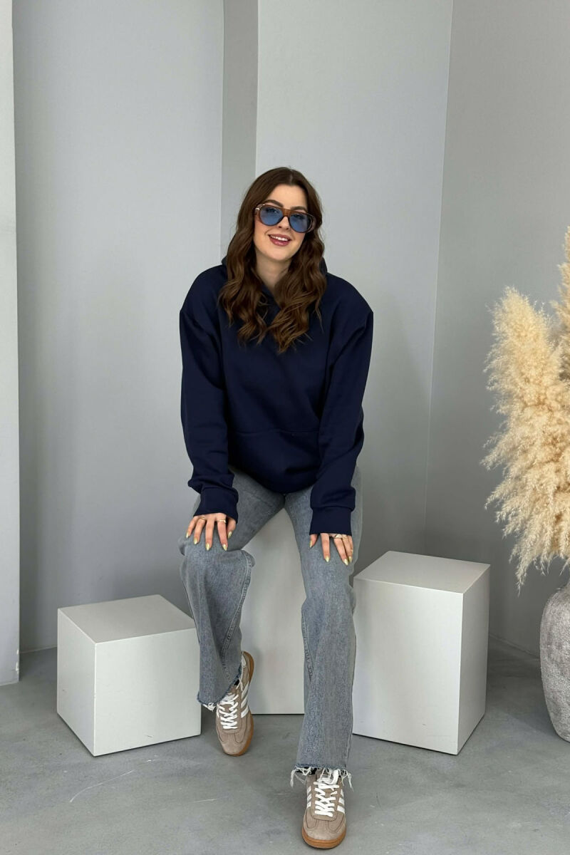 ONE COLOR FLUFFY WOMEN HOODIE DARK BLUE/BEE - 2