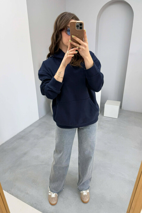 ONE COLOR FLUFFY WOMEN HOODIE DARK BLUE/BEE - 3