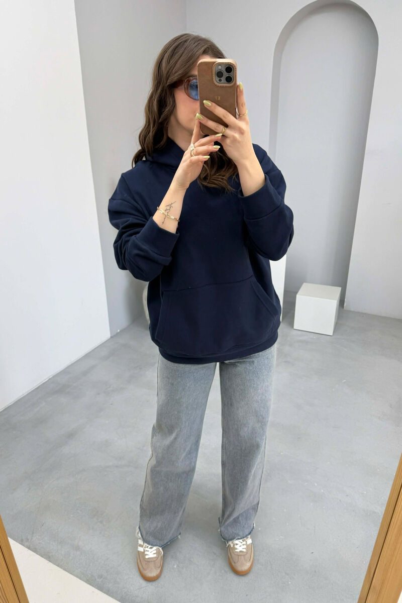 ONE COLOR FLUFFY WOMEN HOODIE DARK BLUE/BEE - 3