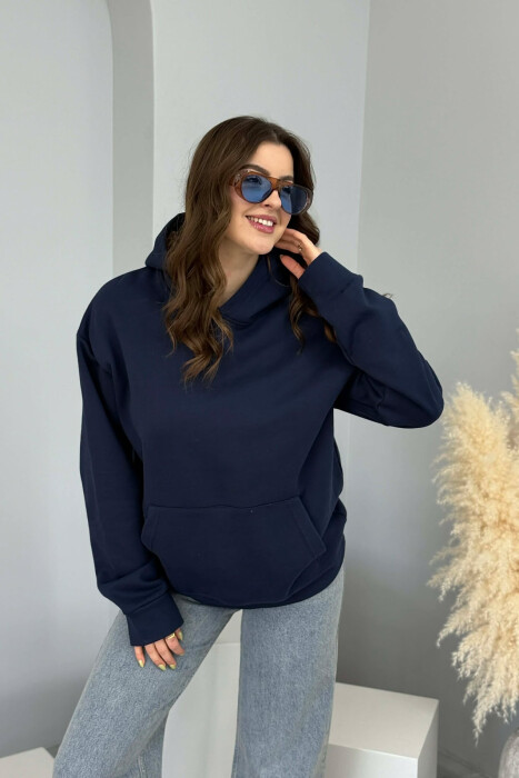ONE COLOR FLUFFY WOMEN HOODIE DARK BLUE/BEE - 4