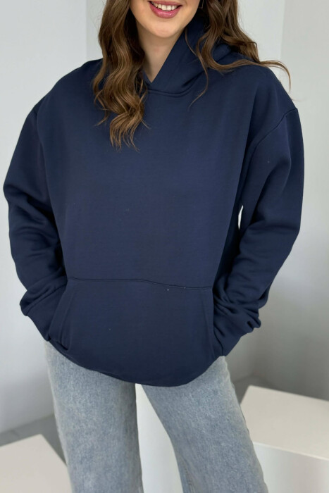ONE COLOR FLUFFY WOMEN HOODIE DARK BLUE/BEE - 7