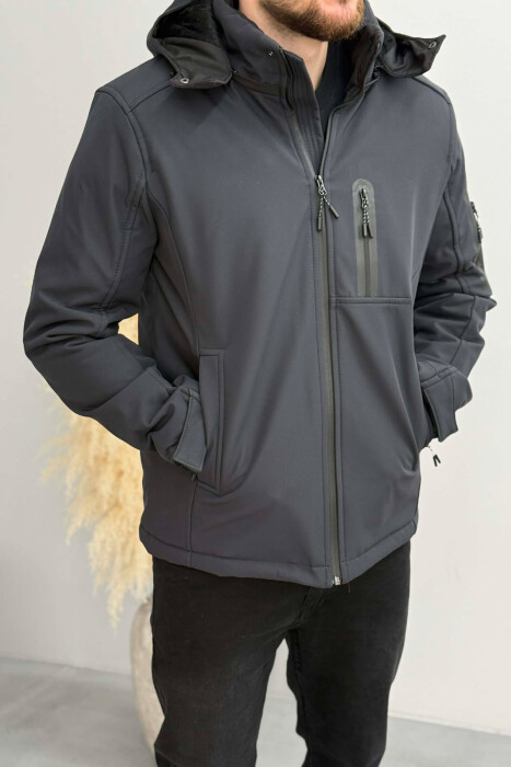 ONE COLOR FLUFFY SIDE POCKET MEN PUFFER JACKET DARK BLUE/BEE - KLAUDIO FASHION