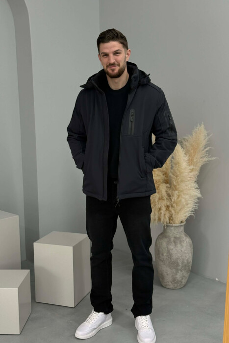 ONE COLOR FLUFFY SIDE POCKET MEN PUFFER JACKET DARK BLUE/BEE - 5