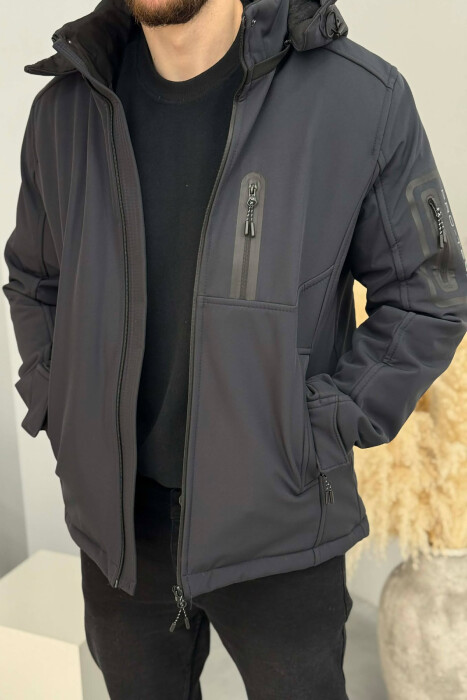 ONE COLOR FLUFFY SIDE POCKET MEN PUFFER JACKET DARK BLUE/BEE - 6