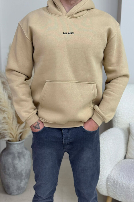 ONE COLOR FLUFFY MILANO WRITTING MEN HOODIE BEIGE/BEZHE - 