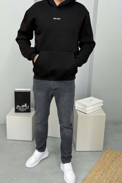 ONE COLOR FLUFFY MILANO WRITTING MEN HOODIE BLACK/ E ZEZE - 1