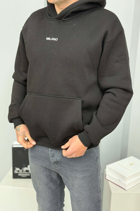 ONE COLOR FLUFFY MILANO WRITTING MEN HOODIE BLACK/ E ZEZE - 2