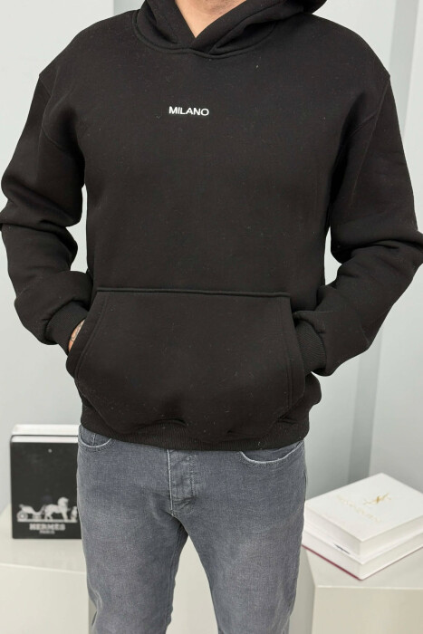 ONE COLOR FLUFFY MILANO WRITTING MEN HOODIE BLACK/ E ZEZE - 3
