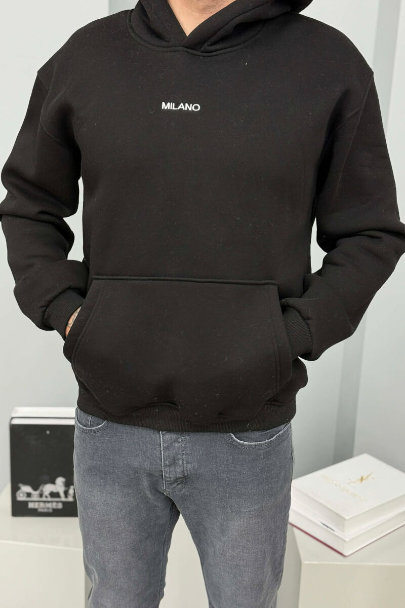 ONE COLOR FLUFFY MILANO WRITTING MEN HOODIE BLACK/ E ZEZE - 3