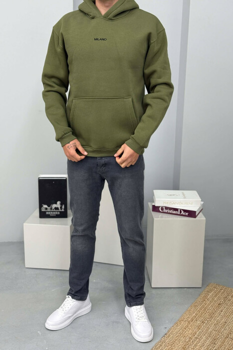 ONE COLOR FLUFFY MILANO WRITTING MEN HOODIE GREEN/JESHILE - 