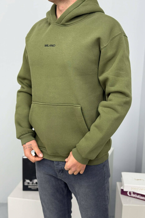 ONE COLOR FLUFFY MILANO WRITTING MEN HOODIE GREEN/JESHILE - 2