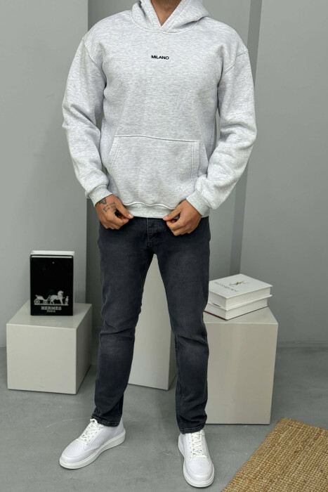 ONE COLOR FLUFFY MILANO WRITTING MEN HOODIE LIGHT GREY/GZ - 