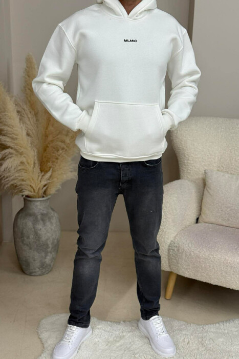 ONE COLOR FLUFFY MILANO WRITTING MEN HOODIE WHITE-E BARDHE - 