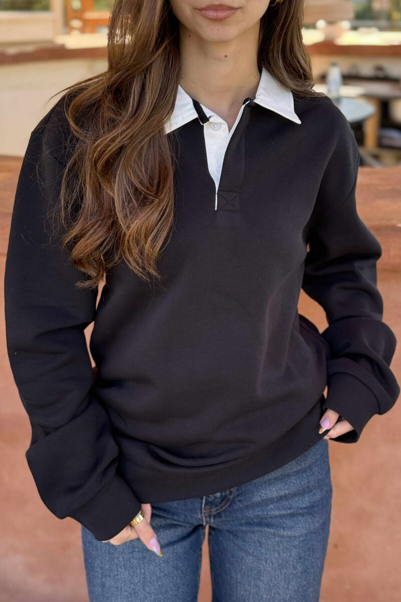 ONE COLOR FLUFFY POLO NECK WOMEN SWEATSHIRT BLACK/ E ZEZE - 3