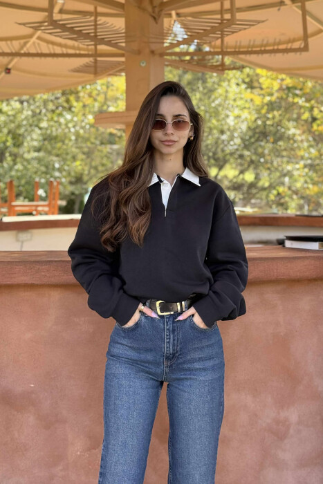 ONE COLOR FLUFFY POLO NECK WOMEN SWEATSHIRT BLACK/ E ZEZE - KLAUDIO FASHION