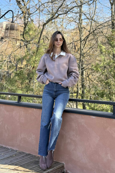 ONE COLOR FLUFFY POLO NECK WOMEN SWEATSHIRT BROWN/KAFE - KLAUDIO FASHION