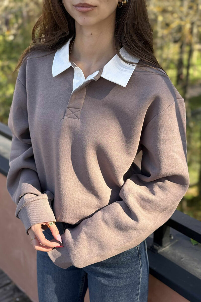 ONE COLOR FLUFFY POLO NECK WOMEN SWEATSHIRT BROWN/KAFE - 2