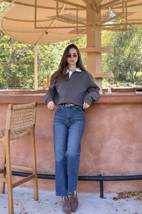 ONE COLOR FLUFFY POLO NECK WOMEN SWEATSHIRT DARK GREY/GEE - KLAUDIO FASHION