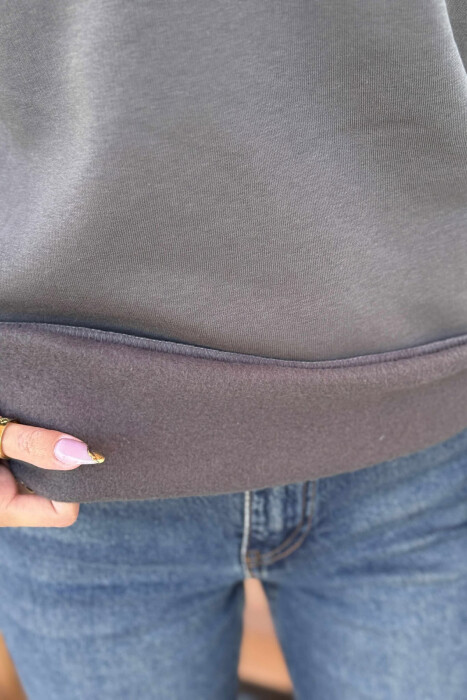 ONE COLOR FLUFFY POLO NECK WOMEN SWEATSHIRT DARK GREY/GEE - 4