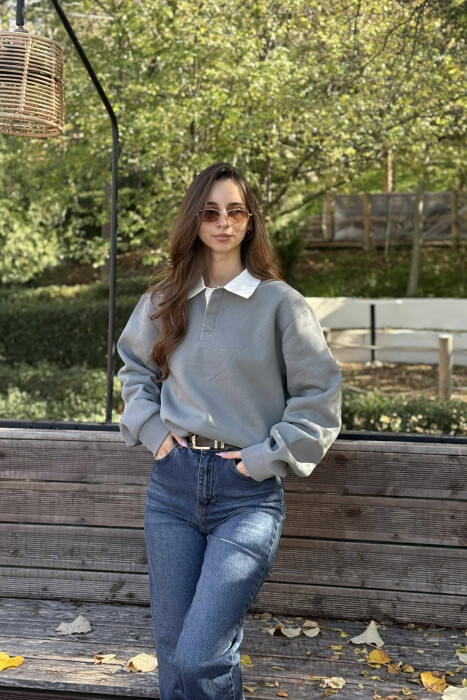 ONE COLOR FLUFFY POLO NECK WOMEN SWEATSHIRT GREY/GRI - 1
