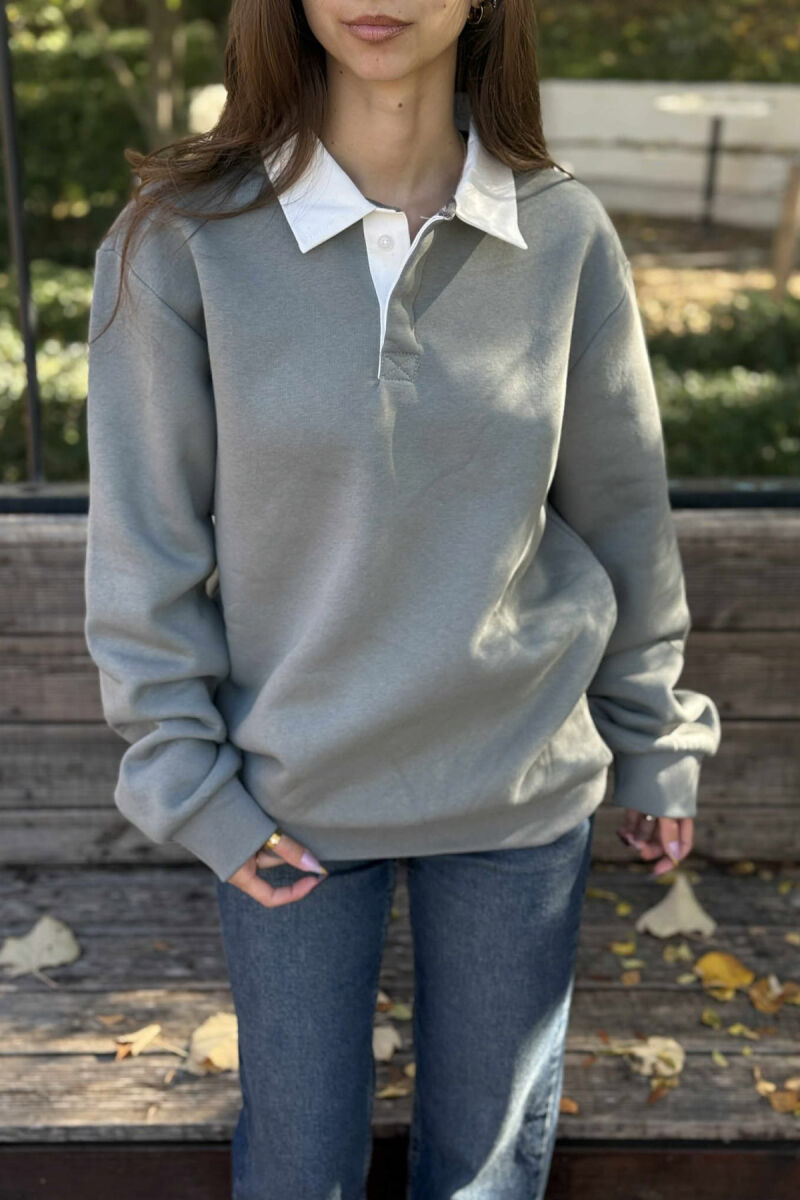 ONE COLOR FLUFFY POLO NECK WOMEN SWEATSHIRT GREY/GRI - 2
