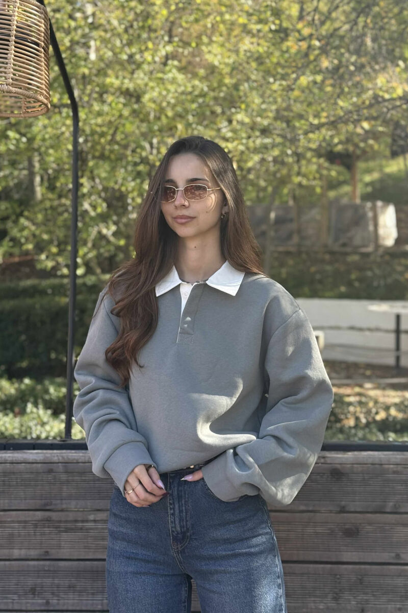 ONE COLOR FLUFFY POLO NECK WOMEN SWEATSHIRT GREY/GRI - 3