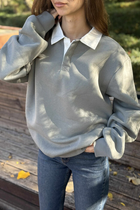 ONE COLOR FLUFFY POLO NECK WOMEN SWEATSHIRT GREY/GRI - 4