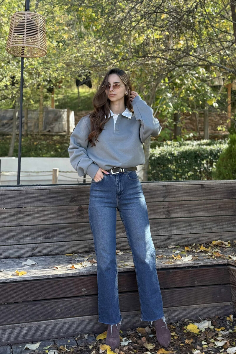 ONE COLOR FLUFFY POLO NECK WOMEN SWEATSHIRT GREY/GRI - 7