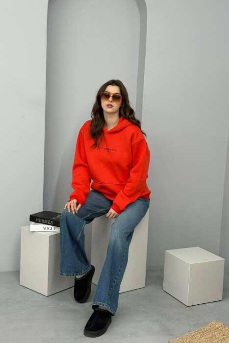 ONE COLOR FLUFFY SIMPLE FRONT WRITTING WOMEN HOODIE RED/E KUQE - 1