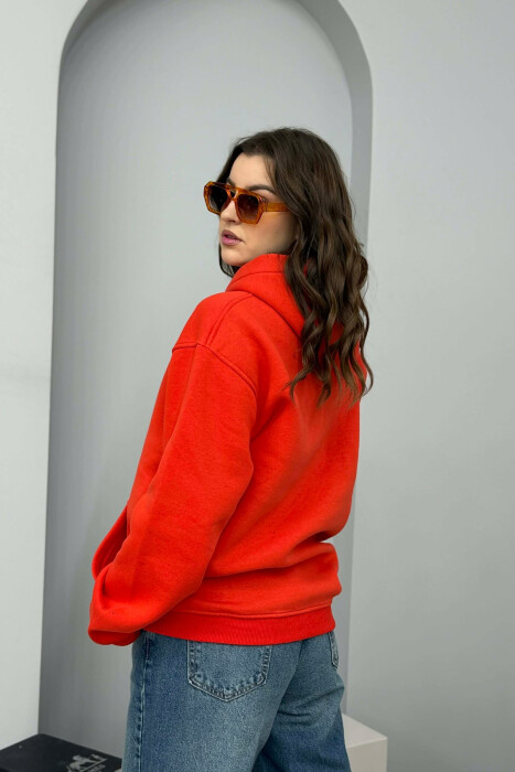 ONE COLOR FLUFFY SIMPLE FRONT WRITTING WOMEN HOODIE RED/E KUQE - 4