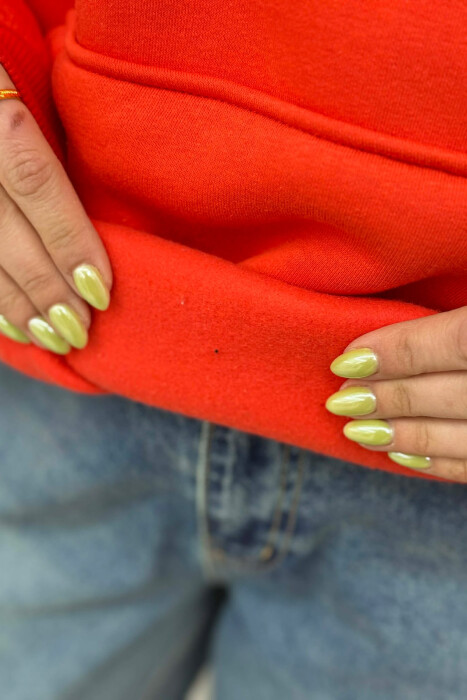 ONE COLOR FLUFFY SIMPLE FRONT WRITTING WOMEN HOODIE RED/E KUQE - 5