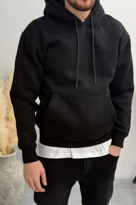 ONE COLOR FLUFFY SIMPLE MEN HOODIE BLACK/ E ZEZE - KLAUDIO FASHION