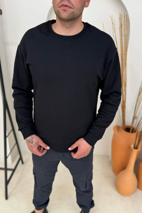 ONE COLOR FLUFFY SIMPLE MEN SWEATSHIRT BLACK/ E ZEZE - 2