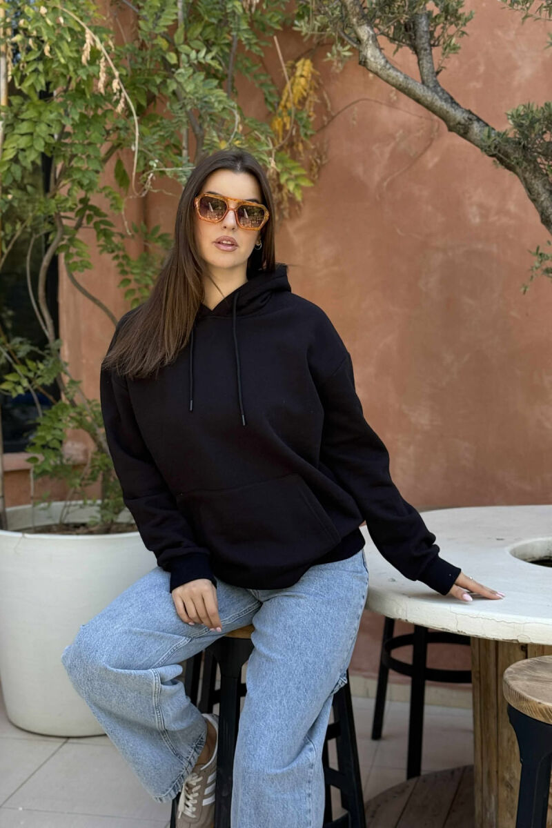 ONE COLOR FLUFFY SIMPLE WOMEN HOODIE BLACK/ E ZEZE - 2