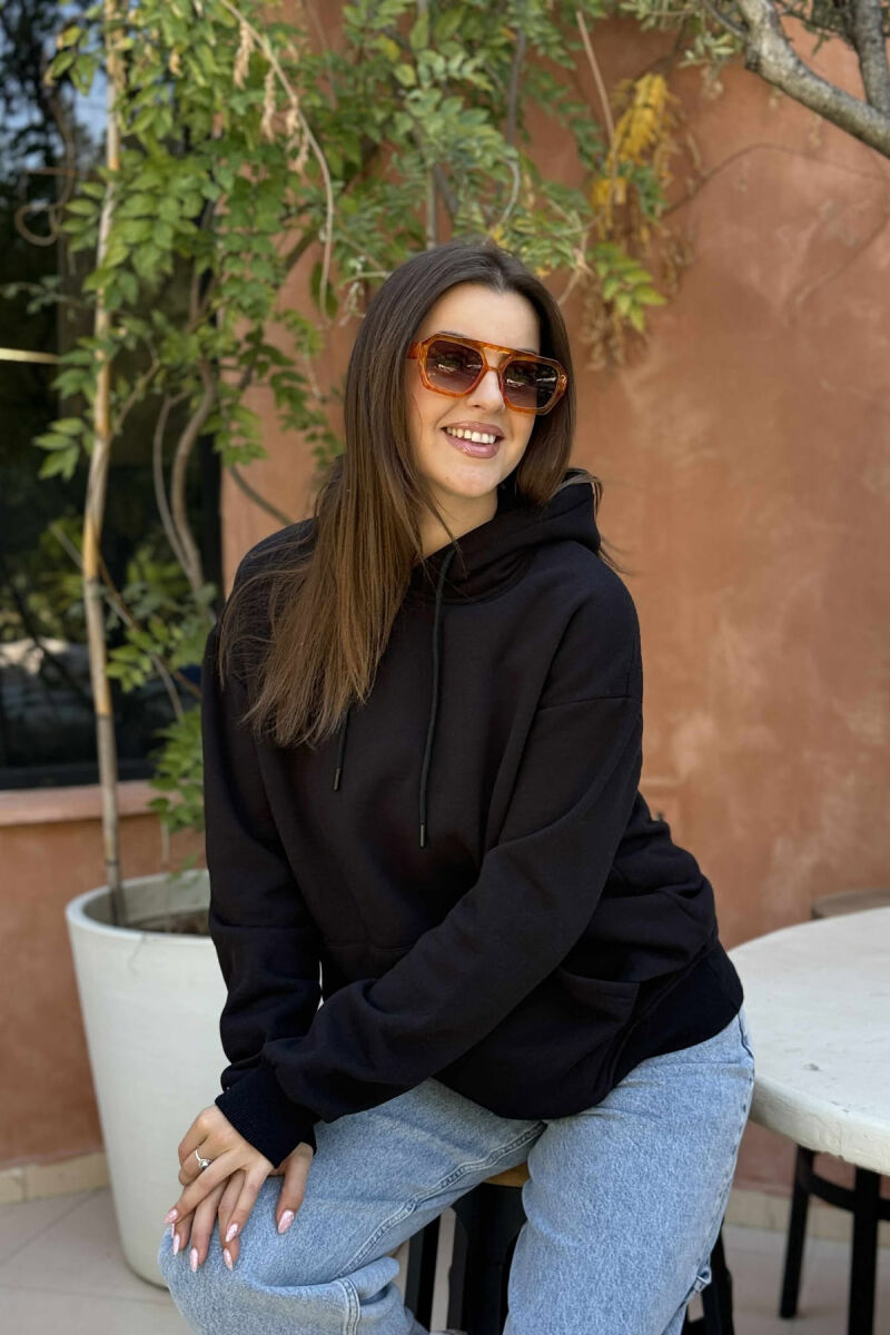ONE COLOR FLUFFY SIMPLE WOMEN HOODIE BLACK/ E ZEZE - 3
