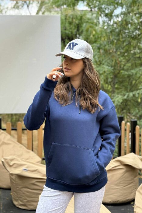 ONE COLOR FLUFFY SIMPLE WOMEN HOODIE BLUE/BLU 