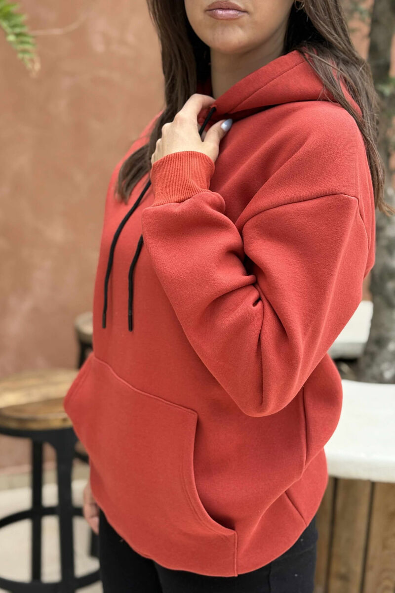 ONE COLOR FLUFFY SIMPLE WOMEN HOODIE BRICK/TULLE - 4