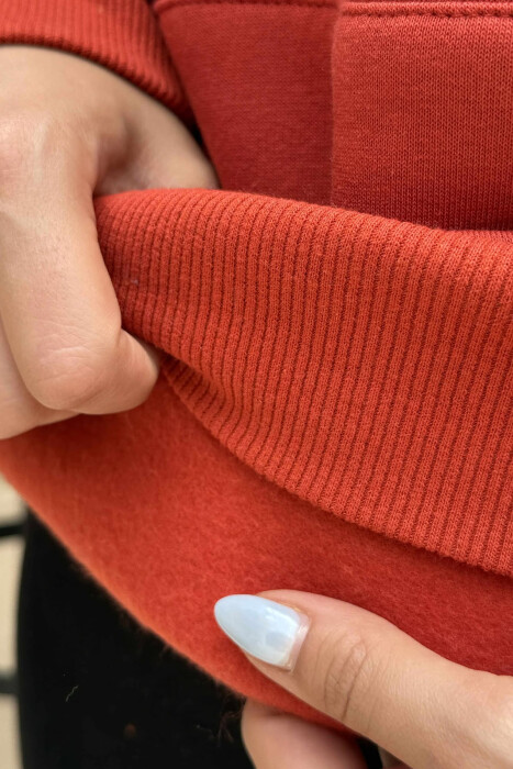 ONE COLOR FLUFFY SIMPLE WOMEN HOODIE BRICK/TULLE - 5