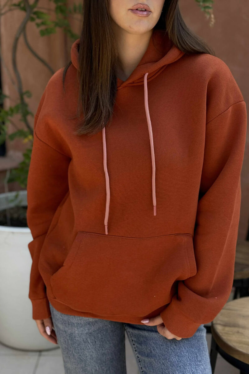 ONE COLOR FLUFFY SIMPLE WOMEN HOODIE BROWN/KAFE - 3
