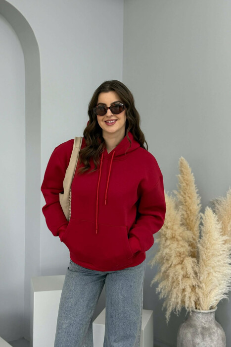 HOODIE E THJESHTE NJË NGJYRESHE ME PUSH PER FEMRA NË NGJYRE VISHNJE 