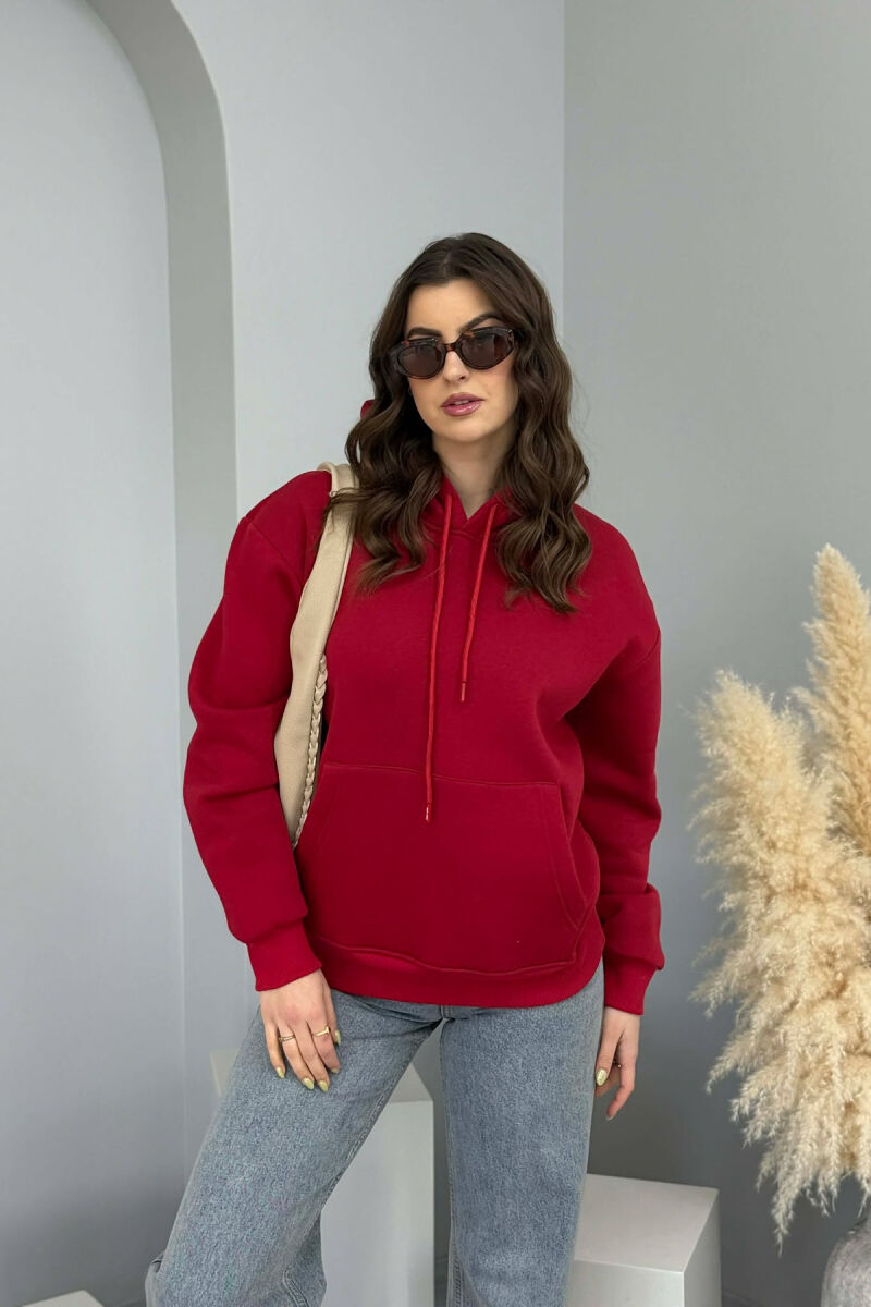 ONE COLOR FLUFFY SIMPLE WOMEN HOODIE BURGUNDY/VISHNJE - 5