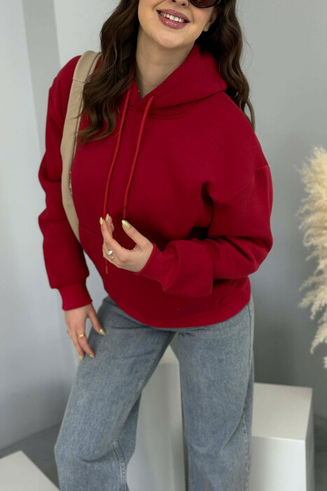ONE COLOR FLUFFY SIMPLE WOMEN HOODIE BURGUNDY/VISHNJE - 6