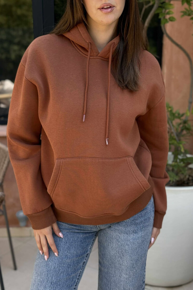 ONE COLOR FLUFFY SIMPLE WOMEN HOODIE DARK BROWN/KAE - 4