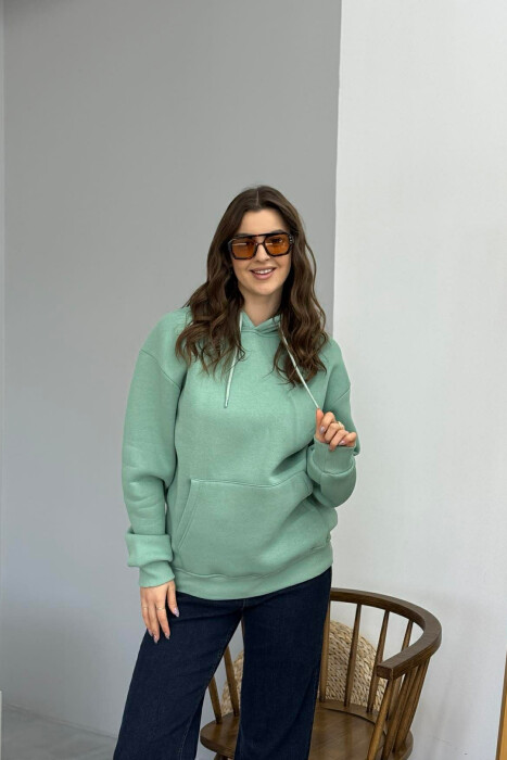 ONE COLOR FLUFFY SIMPLE WOMEN HOODIE DARK MINT/MENTE ERRET - 1