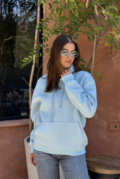 ONE COLOR FLUFFY SIMPLE WOMEN HOODIE LIGHTBLUE/BZ - 2