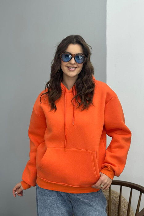 ONE COLOR FLUFFY SIMPLE WOMEN HOODIE ORANGE/PORTOKALLI - 2