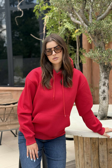 HOODIE E THJESHTË NJË NGJYRËSHE ME PUSH PËR FEMRA NË NGJYRË TË KUQE 