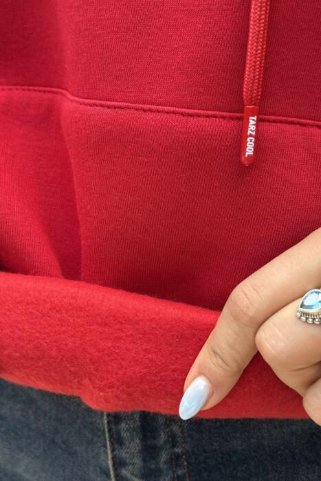 ONE COLOR FLUFFY SIMPLE WOMEN HOODIE RED/E KUQE - 4