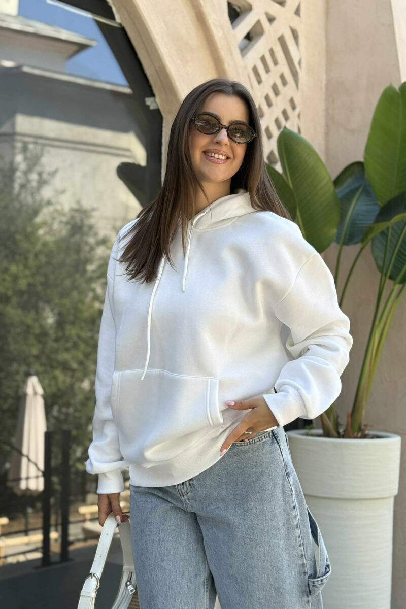 ONE COLOR FLUFFY SIMPLE WOMEN HOODIE WHITE-E BARDHE - 2
